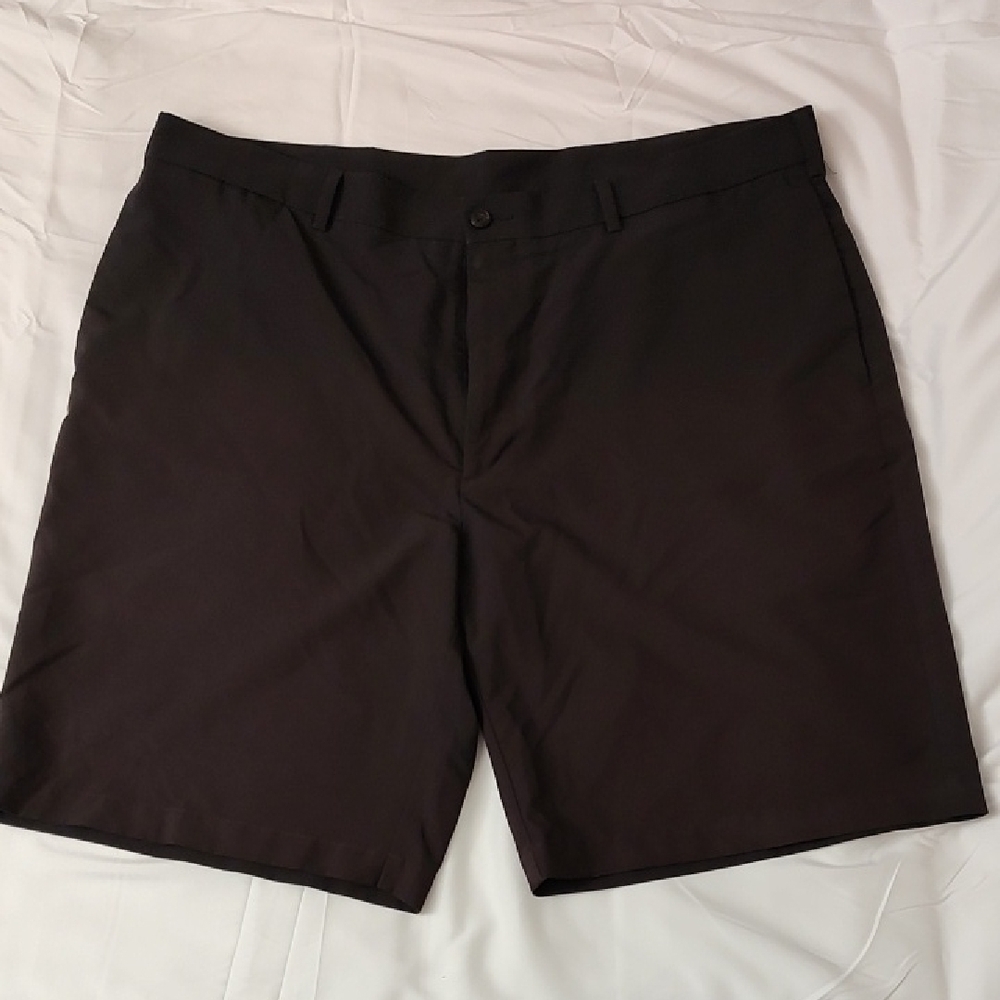 Black Flat Front Shorts with Relaxed Fit and Above Knee Length